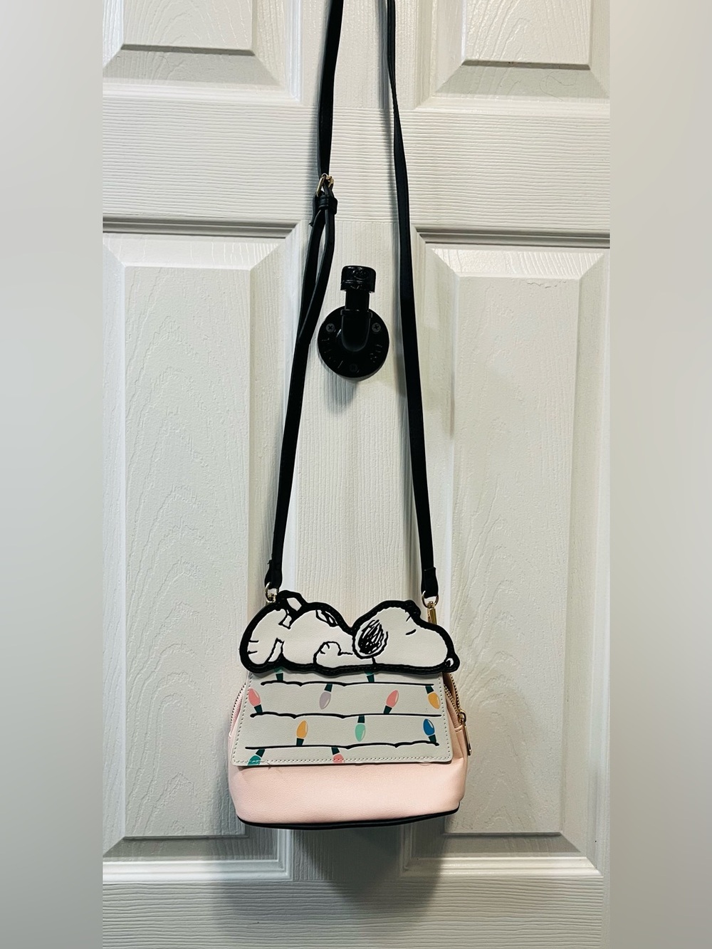 Bioworld Peanuts Snoopy Pink Crossbody Bag with Holiday Light Print